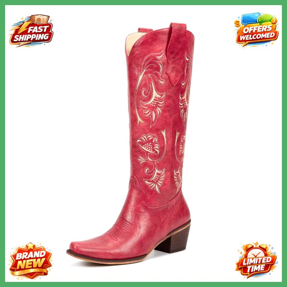 Floral Embroidered Cowboy Boots Chunky Heel Pointed Toe Retro Vintage Knee High